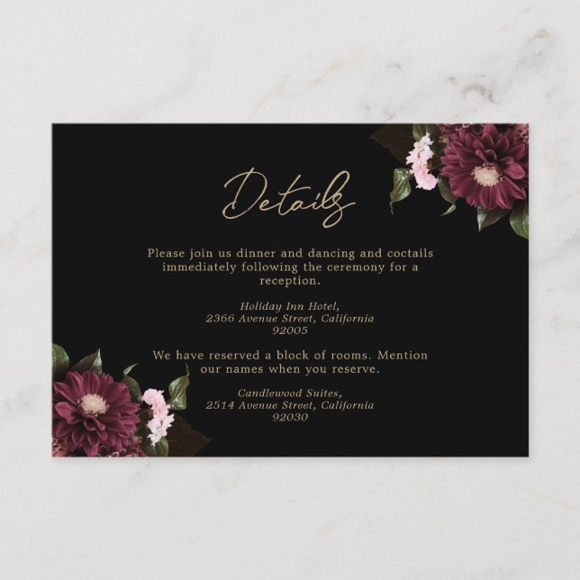 Elegante Black Burgundy Floral Wedding Begleitkarte (Vorderseite)