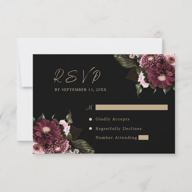 Elegante Black Burgundy Floral Wedding RSVP Karte (Vorderseite)