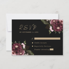 Elegante Black Burgundy Floral Wedding RSVP Karte