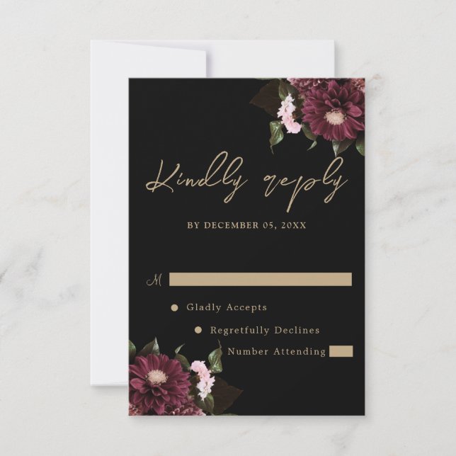 Elegante Black Burgundy Floral Wedding RSVP Karte (Vorderseite)