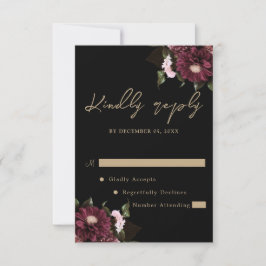 Elegante Black Burgundy Floral Wedding RSVP Karte