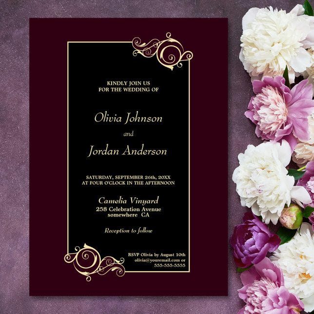 Elegante Black Burgundy Gold Wedding Einladung (Von Creator hochgeladen)