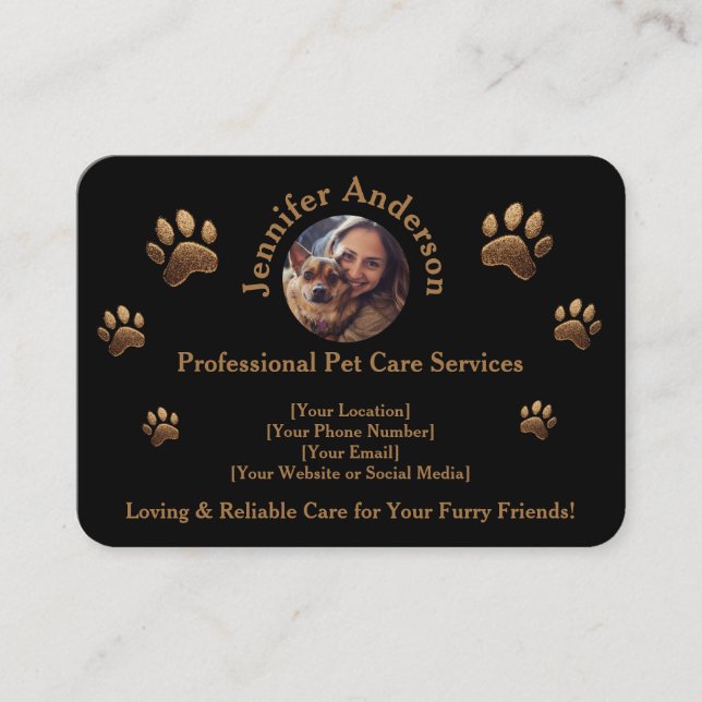 Elegante Black Business Card für Pet Care Services Visitenkarte (Vorderseite)