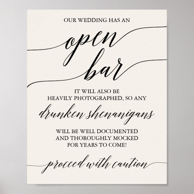 Elegante Black Calligraphy Cream Vorsicht Offene B Poster (Vorne)