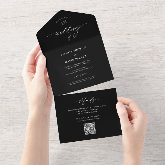 Elegante Black Calligraphy QR Code Hochzeit All In One Einladung (Abreißen)