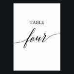 Elegante Black Calligraphy Table Four Tischnummer<br><div class="desc">Dieser elegante schwarze Kalligraphie-Tisch mit vier Tischnummern eignet sich perfekt für eine einfache Hochzeit. Das neutrale Design besticht durch eine minimalistische Karte,  die mit romantischer und skurriler Typografie dekoriert ist. Die Karte druckt auf der Vorder- und Rückseite (beidseitig). Andere Tischnummern in der Sammlung werden separat verkauft.</div>