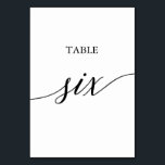 Elegante Black Calligraphy Table Six Tischnummer<br><div class="desc">Dieser elegante schwarze Kalligrafietisch mit sechs Tischnummern ist perfekt für eine einfache Hochzeit. Das neutrale Design besticht durch eine minimalistische Karte,  die mit romantischer und skurriler Typografie dekoriert ist. Die Karte druckt auf der Vorder- und Rückseite (beidseitig). Andere Tischnummern in der Sammlung werden separat verkauft.</div>