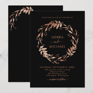 Elegante Black Chic Rose Gold Wreath Wedding Einladung