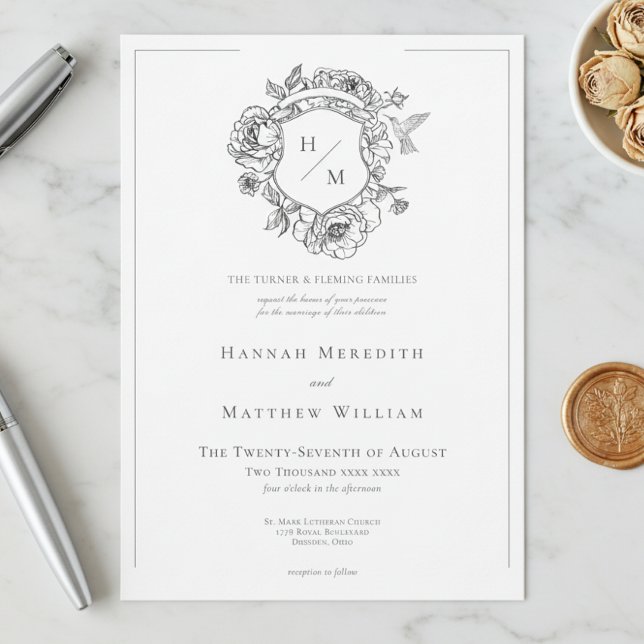 Elegante Black Chinoiserie Bird & Wappen Wedding Einladung (Von Creator hochgeladen)