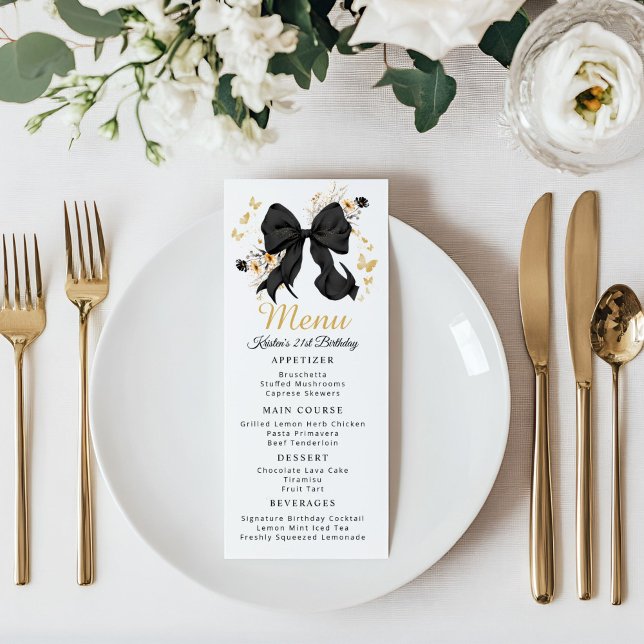Elegante Black Coquette Bow Wildblume Menu Card Menükarte (Elegant Black Bow Coquette Menu card)