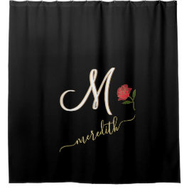 Elegante Black Custom Monogram Name Rote Rose Duschvorhang