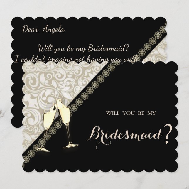 Elegante Black,Damask Bridesmaid Card Einladung (Vorne/Hinten)