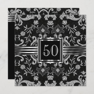 Elegante Black Damask Brocade Silver Geburtstagspa Einladung