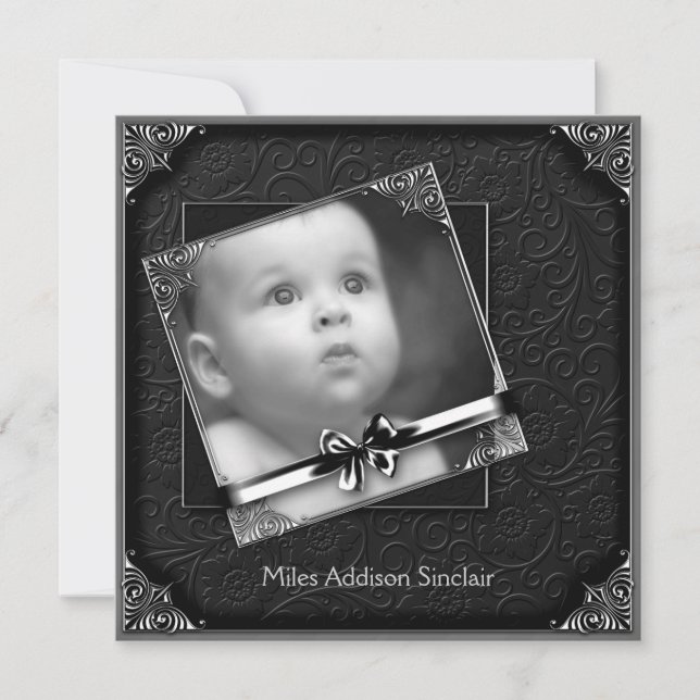 Elegante Black Damask Foto Geburtserklärung Ankündigung (Vorderseite)