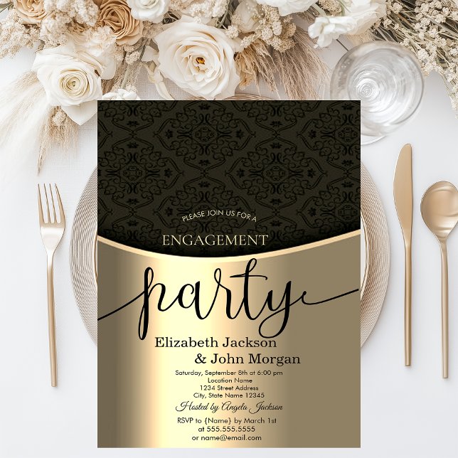 Elegante Black Damask Gold Engagement Party Einladung (Von Creator hochgeladen)