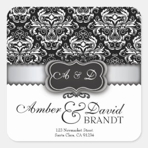 Elegante Black Damask und Silberhochzeit Quadratischer Aufkleber