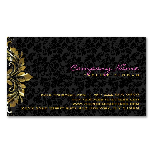 Elegante Black Damaskas Gold Floral Lace 2 Magnetische Visitenkarte (Vorderseite)