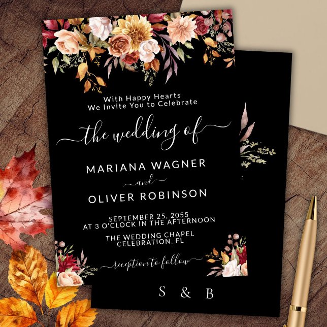 Elegante Black Fall Floral Wedding Einladung (Von Creator hochgeladen)