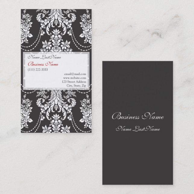 Elegante Black Floral Damask Business Card Visitenkarte (Vorne/Hinten)