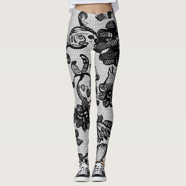 Elegante Black Floral Lace Leggings (Vorderseite)