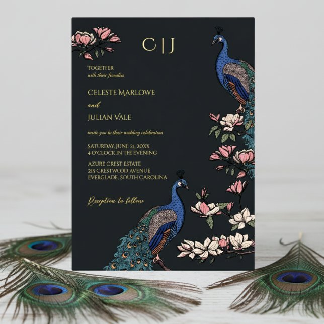 Elegante Black Floral Peacock Wedding Folieneinladung (Elegant Black Wedding Invitations. Trendy Boho Floral Blue Peacock, Teal Feathers, Magnolia Flowers)