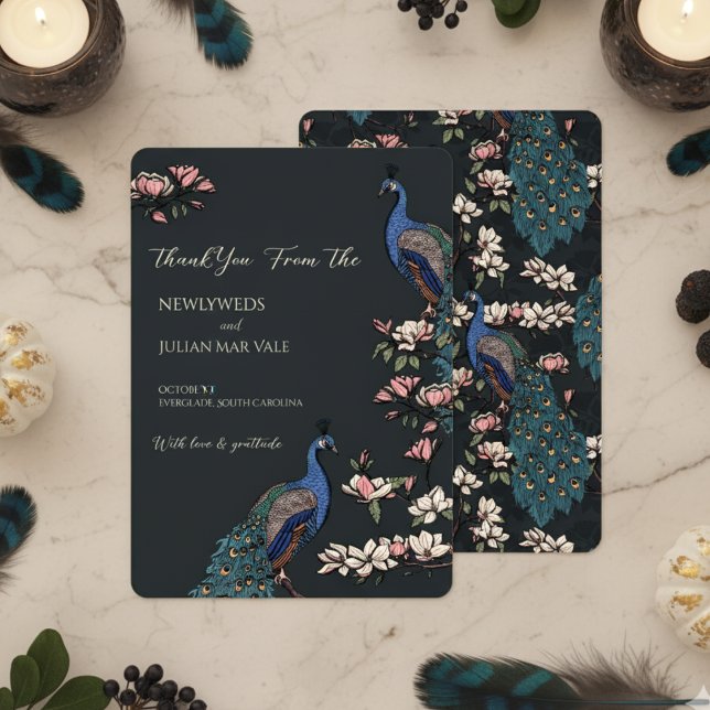 Elegante Black Floral Peacock Wedding Save The Date (Black Peacock Save the Dates for Modern Bird Wedding. Vintage Floral Peacock Chinoiserie Engagement )