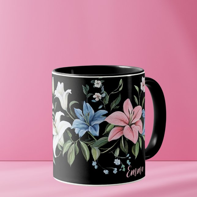 Elegante Black Floral Personalized Mug Tasse (Von Creator hochgeladen)