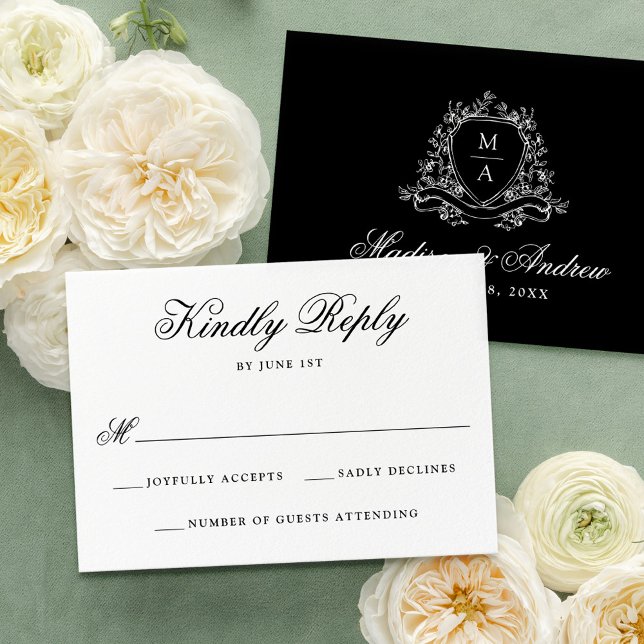 Elegante Black Floral Wappen Monogram Wedding RSVP Karte (Von Creator hochgeladen)