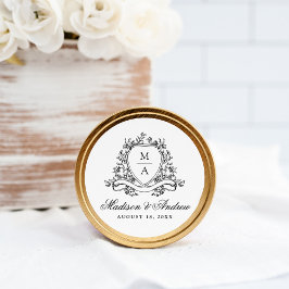 Elegante Black Floral Wappen Monogram Wedding Runder Aufkleber