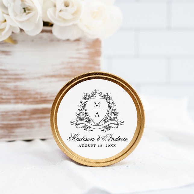 Elegante Black Floral Wappen Monogram Wedding Runder Aufkleber (Von Creator hochgeladen)