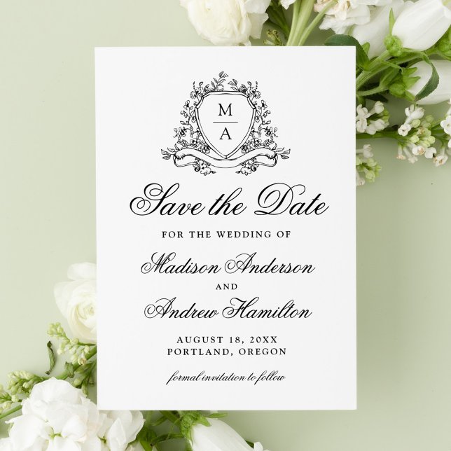 Elegante Black Floral Wappen Monogram Wedding Save The Date (Von Creator hochgeladen)