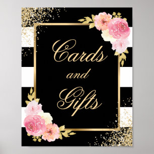 Elegante Black Floral Wedding Cards und Gifts Sign Poster