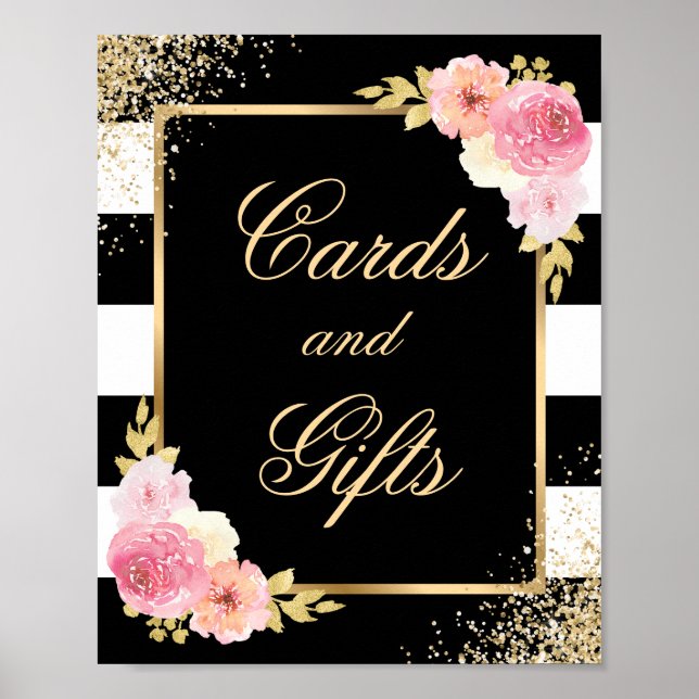 Elegante Black Floral Wedding Cards und Gifts Sign Poster (Vorne)