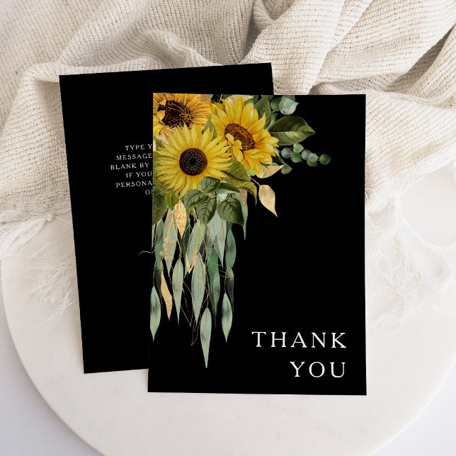 Elegante Black Floral Wedding Dankeskarte (Floral Sunflower Eucalyptus Black Wedding Thank You Card)