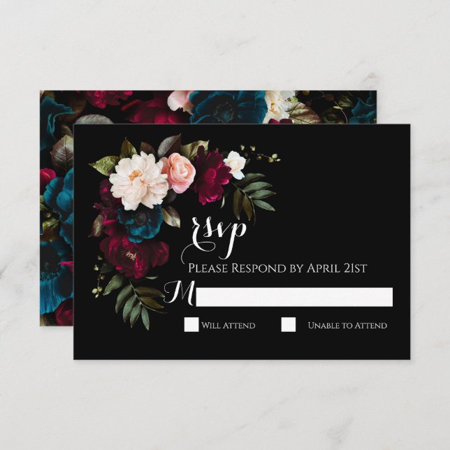 Elegante Black Floral Wedding RSVP Response Card (Vorne/Hinten)