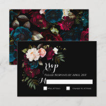 Elegante Black Floral Wedding RSVP Response Card