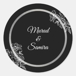 Elegante Black Floral Wedding Runder Aufkleber