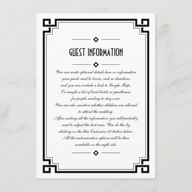 Elegante Black Frame Art Deco Einsteckkarte für Ho Begleitkarte (Vorderseite)