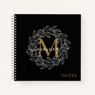 Elegante Black Girly Floral Gold Monogram Name Notizbuch