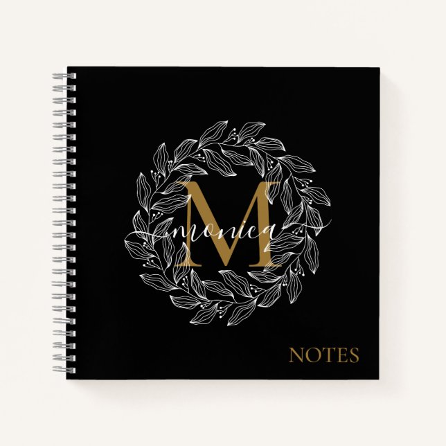 Elegante Black Girly Floral Gold Monogram Name Notizbuch (Vorderseite)