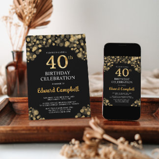 Elegante Black & Gold 40. Geburtstagseinladung Einladung