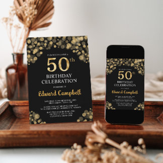 Elegante Black & Gold 50. Geburtstagseinladung Einladung