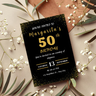 Elegante Black & Gold 50. Geburtstagseinladung Einladung
