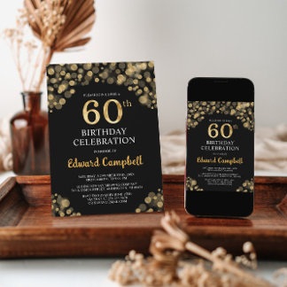 Elegante Black & Gold 60. Geburtstagseinladung Einladung