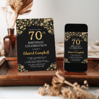 Elegante Black & Gold 70. Geburtstagseinladung Einladung