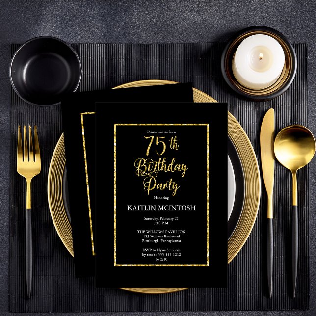 Elegante Black Gold 75. Geburtstagsparty Einladung (Elegant Black and Faux Gold Butterflies 75th Birthday Party  Party Invitation - Print | Digital)
