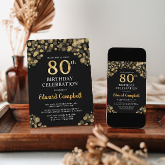 Elegante Black & Gold 80. Geburtstagseinladung Einladung