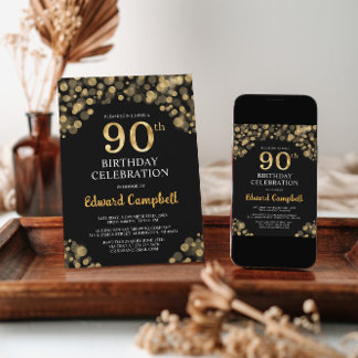 Elegante Black & Gold 90. Geburtstagseinladung Einladung