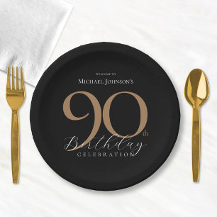 Elegante Black Gold 90. Geburtstagsparty Pappteller