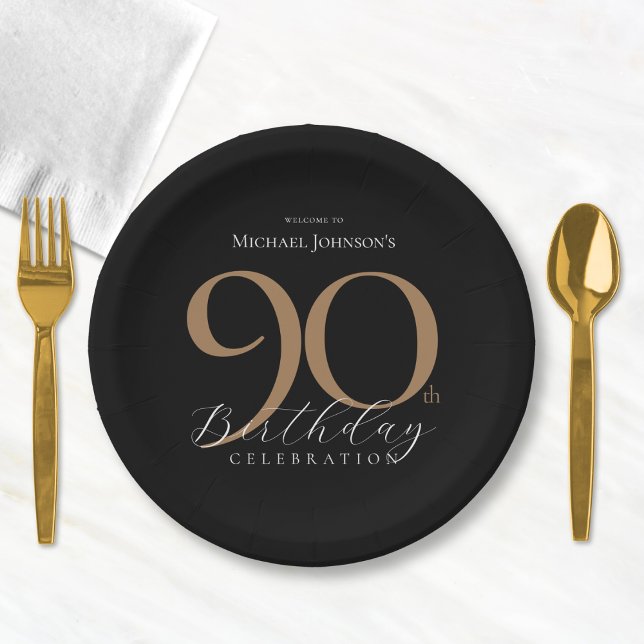 Elegante Black Gold 90. Geburtstagsparty Pappteller (Elegant Black Gold 90th Birthday Party Paper Plates)